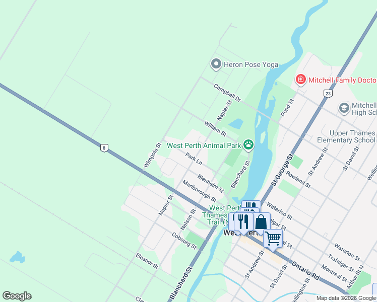 map of restaurants, bars, coffee shops, grocery stores, and more near 55 Park Lane in West Perth