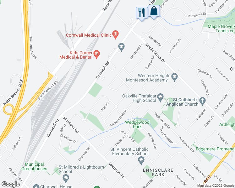 map of restaurants, bars, coffee shops, grocery stores, and more near 1388 Acton Crescent in Oakville