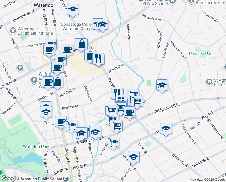 map of restaurants, bars, coffee shops, grocery stores, and more near 121 Noecker Street in Waterloo