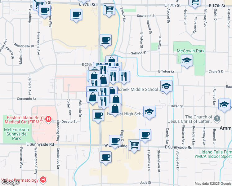 map of restaurants, bars, coffee shops, grocery stores, and more near 2707 South 25th East in Ammon
