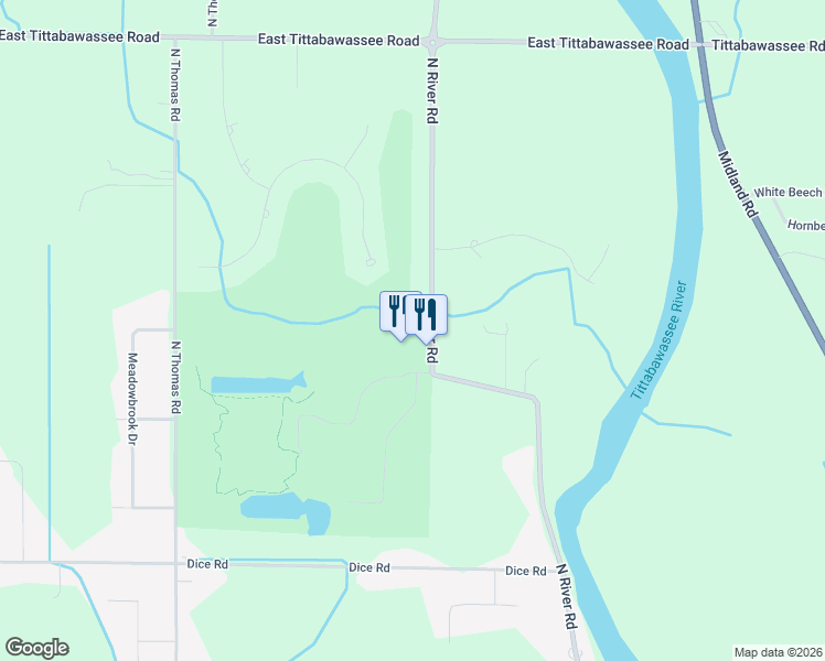 map of restaurants, bars, coffee shops, grocery stores, and more near 4401-4499 N River Rd in Thomas Township