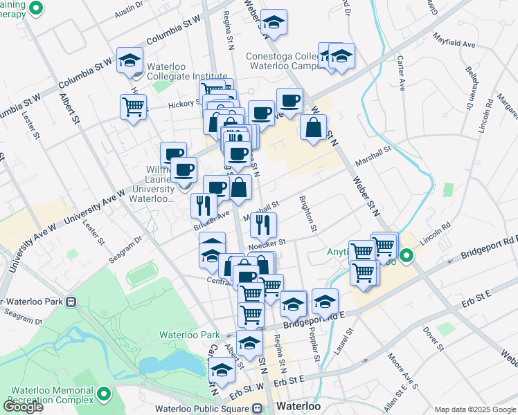 map of restaurants, bars, coffee shops, grocery stores, and more near 22 Marshall Street in Waterloo
