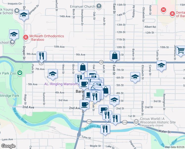 map of restaurants, bars, coffee shops, grocery stores, and more near 111 6th Street in Baraboo