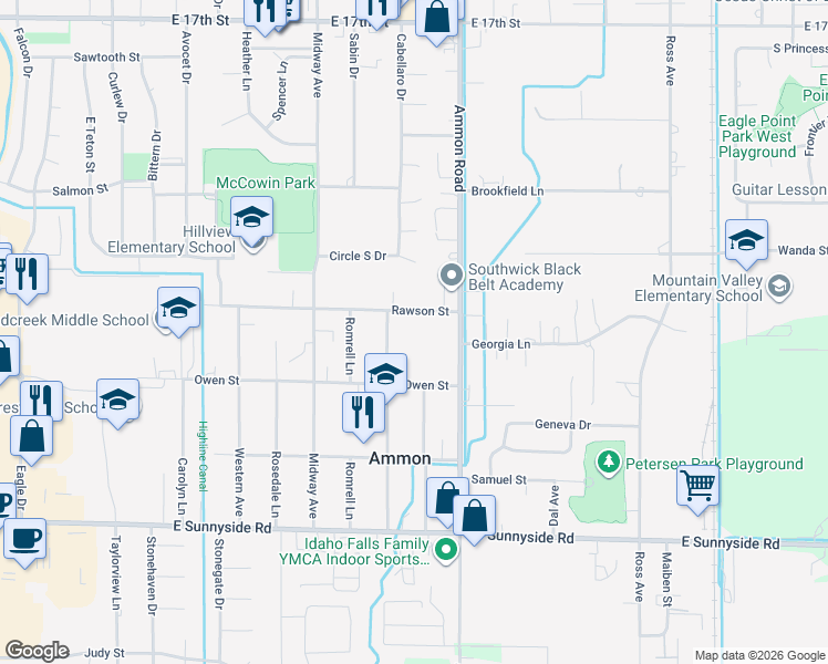 map of restaurants, bars, coffee shops, grocery stores, and more near in Idaho Falls