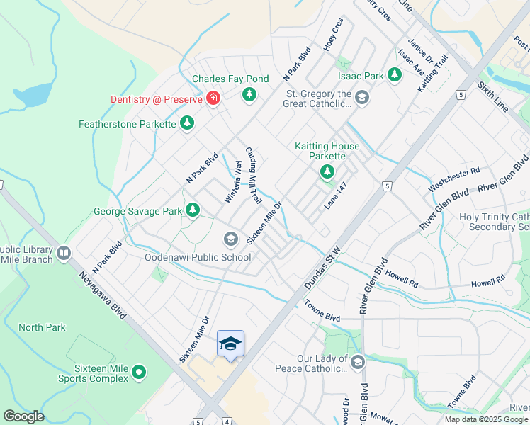 map of restaurants, bars, coffee shops, grocery stores, and more near in Oakville