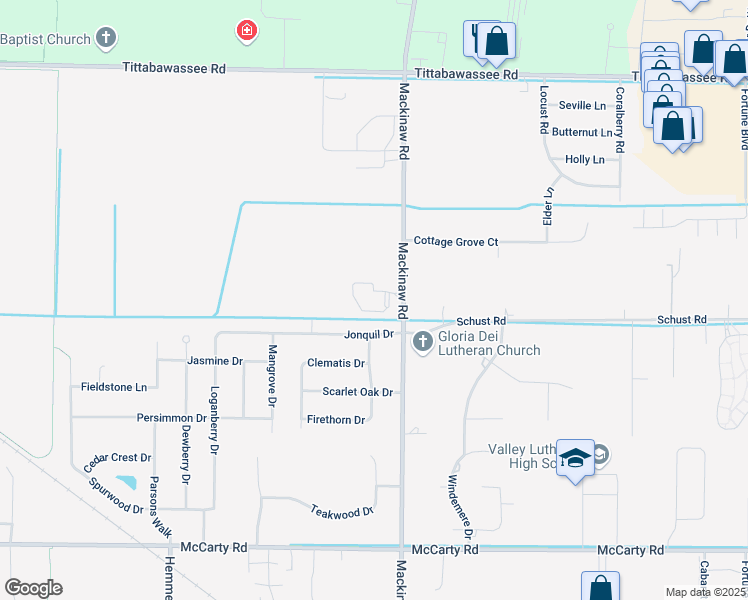 map of restaurants, bars, coffee shops, grocery stores, and more near 5275 Mackinaw Road in Saginaw
