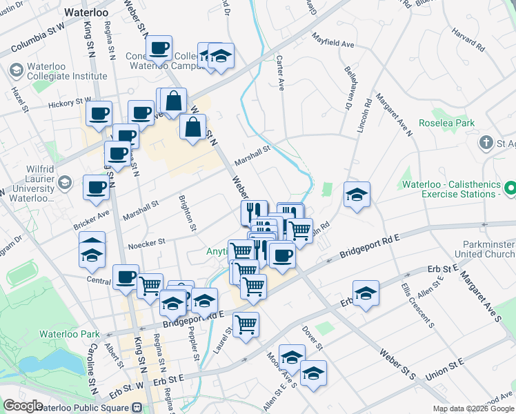 map of restaurants, bars, coffee shops, grocery stores, and more near 142 Weber Street North in Waterloo