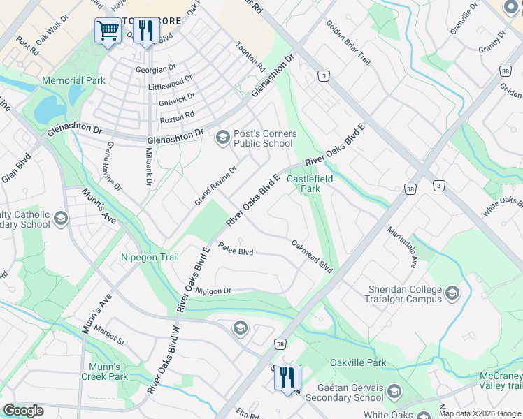 map of restaurants, bars, coffee shops, grocery stores, and more near 2171 Castlefield Crescent in Oakville