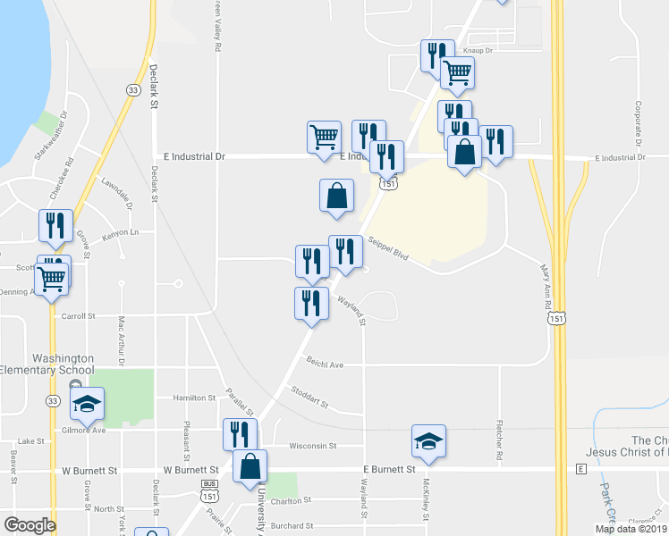 map of restaurants, bars, coffee shops, grocery stores, and more near 1600 U.S. 151 Business in Beaver Dam