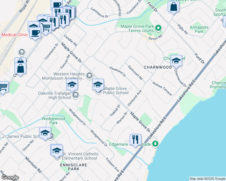 map of restaurants, bars, coffee shops, grocery stores, and more near 265 Maple Grove Drive in Oakville