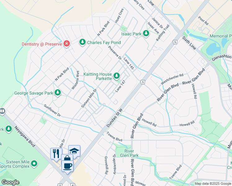 map of restaurants, bars, coffee shops, grocery stores, and more near 3002 Preserve Drive in Oakville