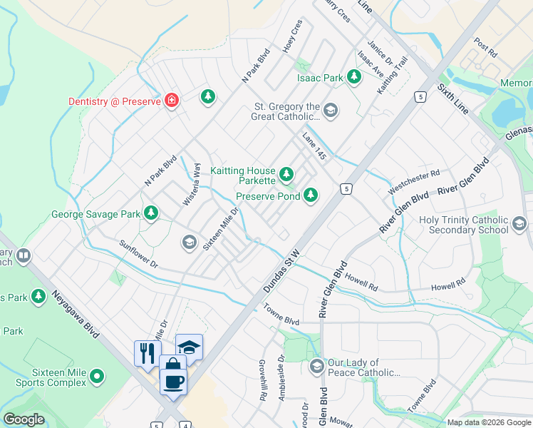map of restaurants, bars, coffee shops, grocery stores, and more near 312 Jemima Drive in Oakville