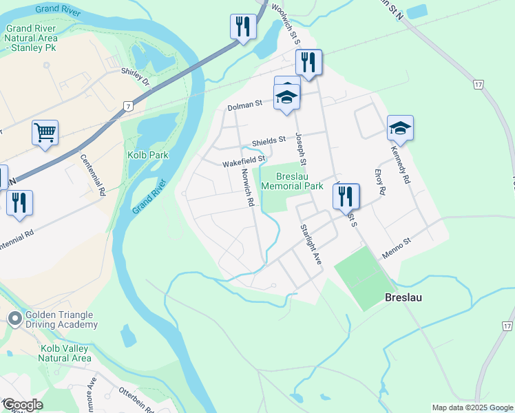 map of restaurants, bars, coffee shops, grocery stores, and more near 171 Norwich Road in Breslau