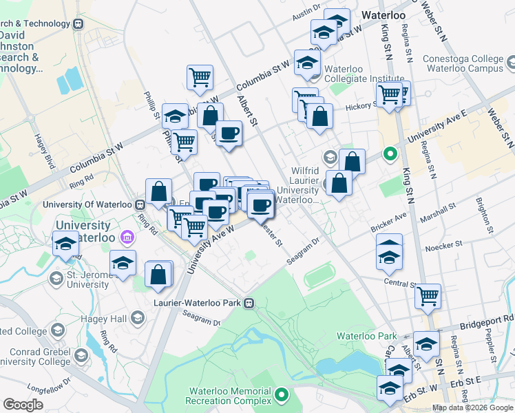 map of restaurants, bars, coffee shops, grocery stores, and more near 115 University Avenue West in Waterloo