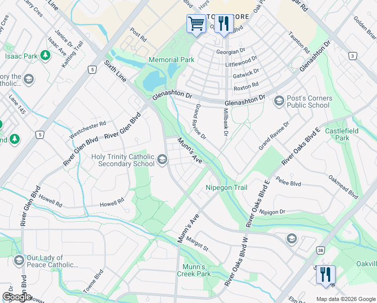map of restaurants, bars, coffee shops, grocery stores, and more near 2386 Munn's Avenue in Oakville