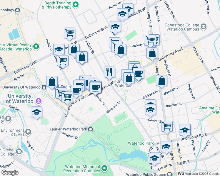 map of restaurants, bars, coffee shops, grocery stores, and more near 203 Albert Street in Waterloo
