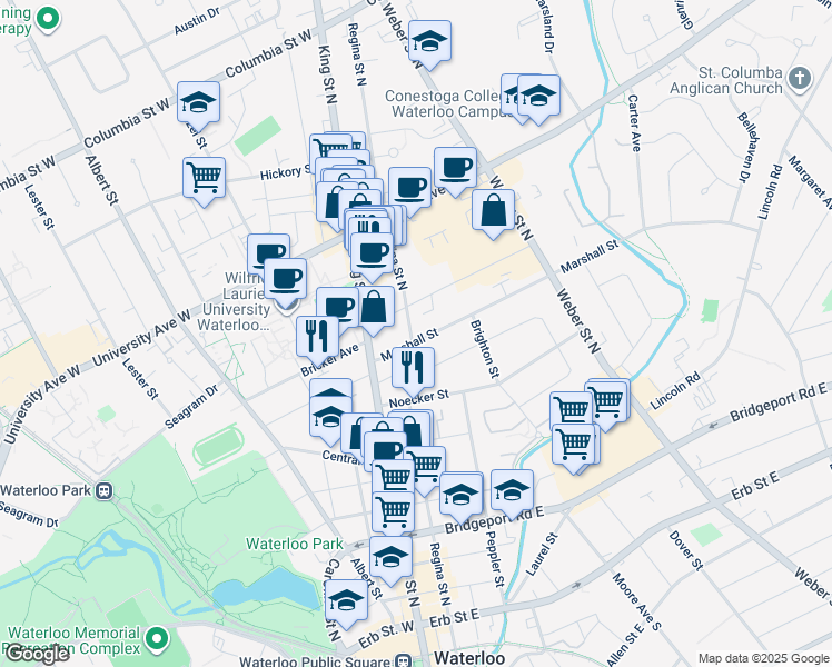 map of restaurants, bars, coffee shops, grocery stores, and more near 172 Regina Street North in Waterloo