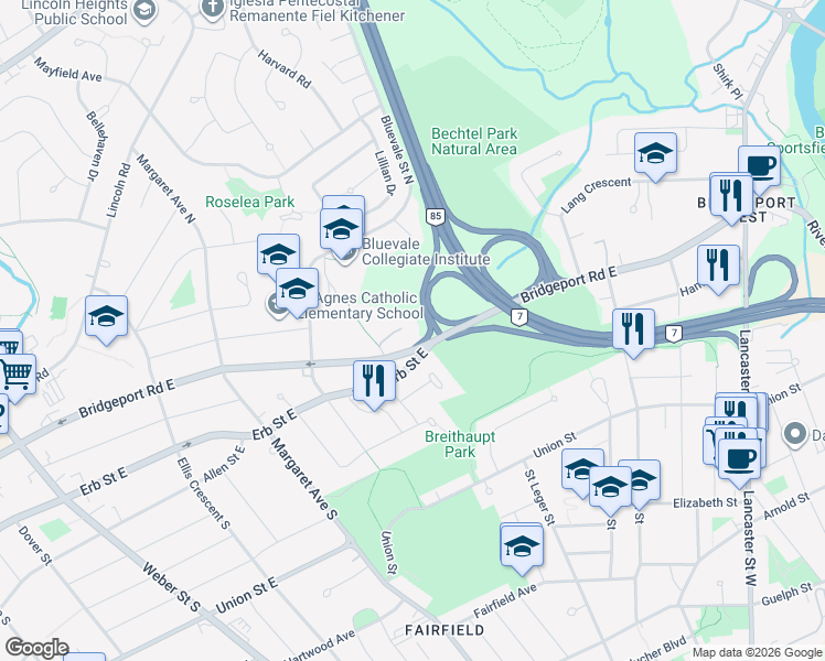 map of restaurants, bars, coffee shops, grocery stores, and more near 60 Goldbeck Lane in Waterloo