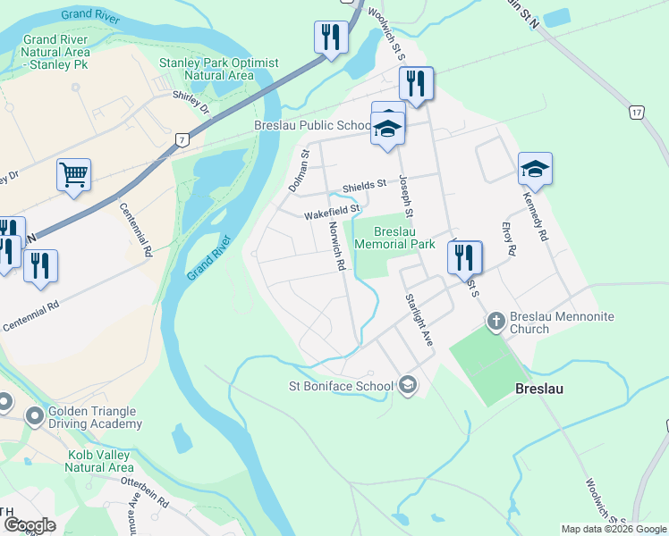 map of restaurants, bars, coffee shops, grocery stores, and more near 19 Tilbury Street in Breslau