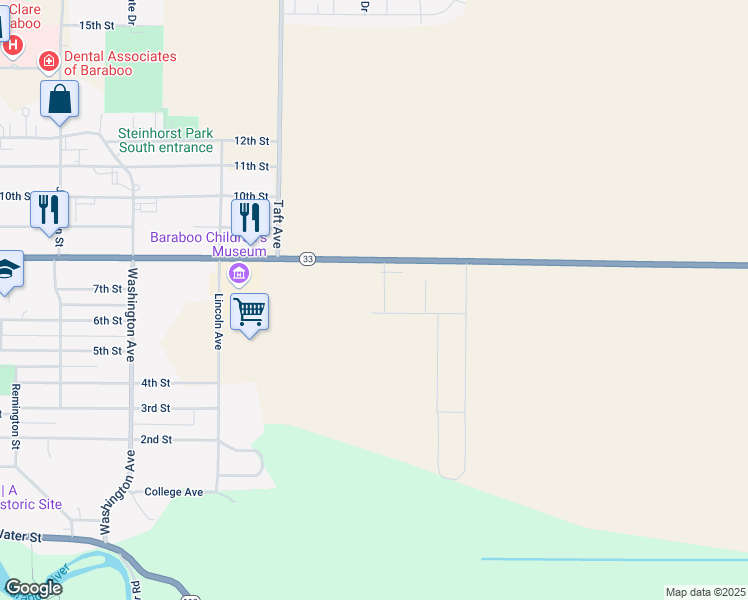 map of restaurants, bars, coffee shops, grocery stores, and more near 821 Kennedy Street in Baraboo