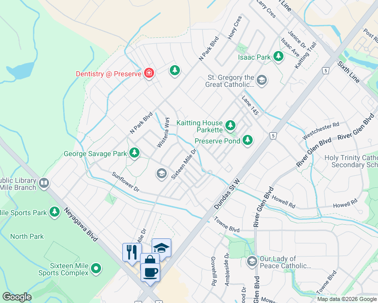 map of restaurants, bars, coffee shops, grocery stores, and more near 3115 Carding Mill Trail in Oakville