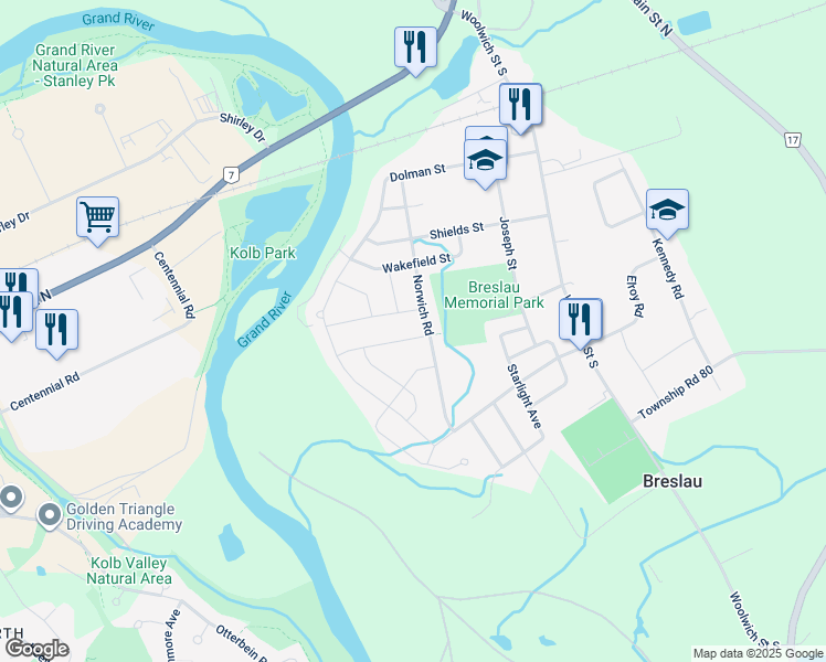 map of restaurants, bars, coffee shops, grocery stores, and more near 19 Tilbury Street in Breslau