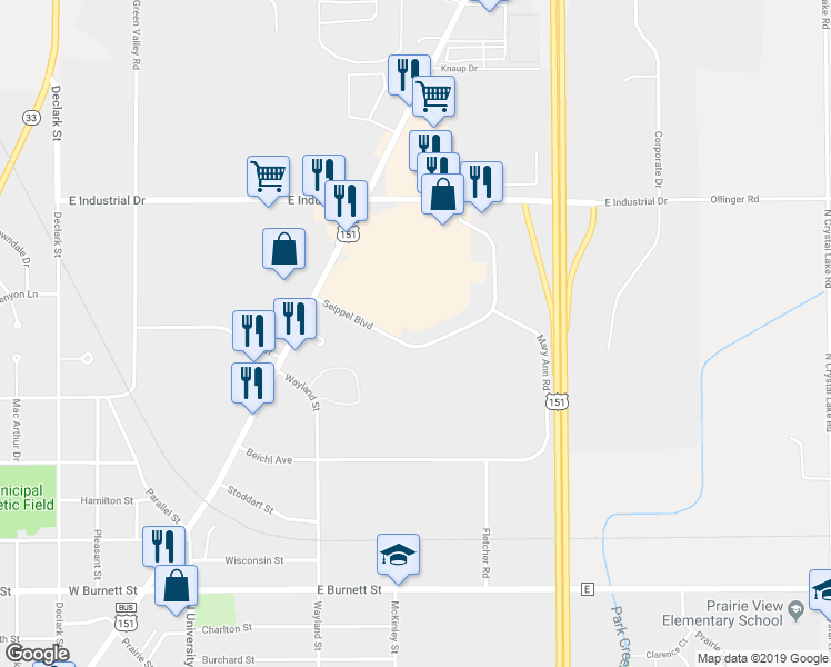 map of restaurants, bars, coffee shops, grocery stores, and more near 213 Seippel Boulevard in Beaver Dam