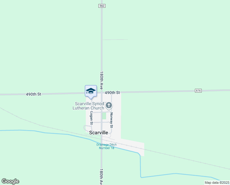 map of restaurants, bars, coffee shops, grocery stores, and more near 490th Street in Scarville