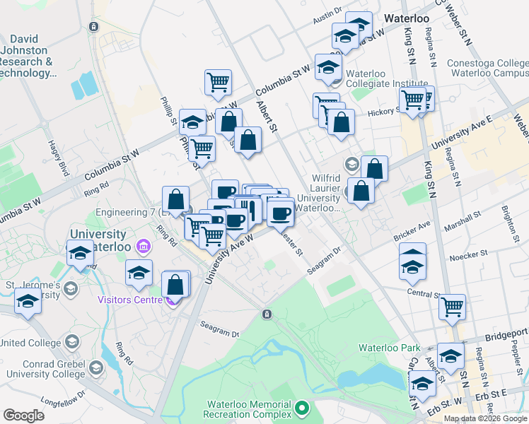 map of restaurants, bars, coffee shops, grocery stores, and more near in Waterloo