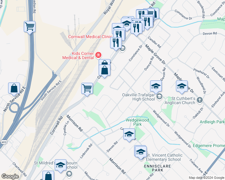 map of restaurants, bars, coffee shops, grocery stores, and more near 1372 Acton Crescent in Oakville