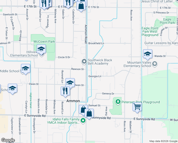 map of restaurants, bars, coffee shops, grocery stores, and more near 2650 Ammon Road in Ammon