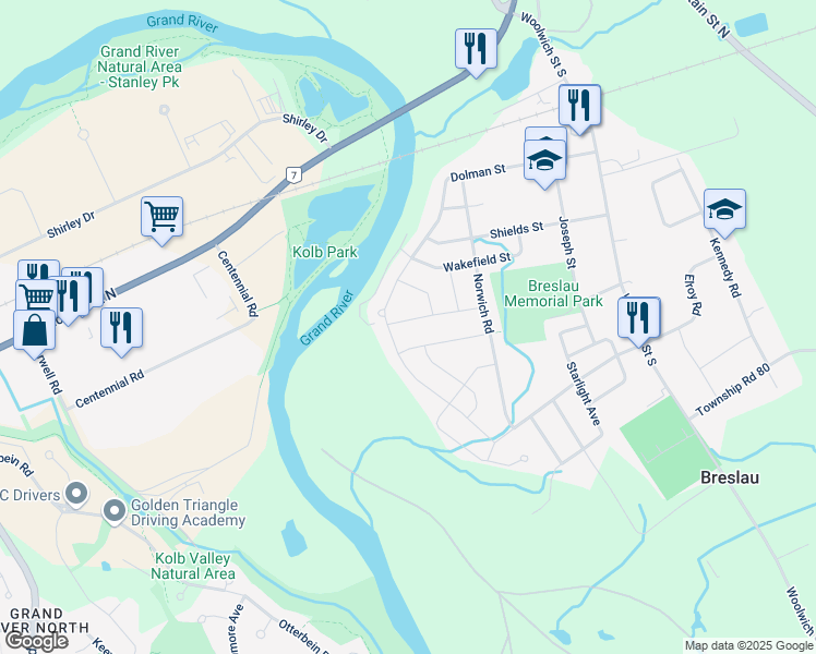 map of restaurants, bars, coffee shops, grocery stores, and more near 265 Dolman Street in Breslau