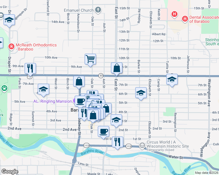 map of restaurants, bars, coffee shops, grocery stores, and more near 802 Ash Street in Baraboo