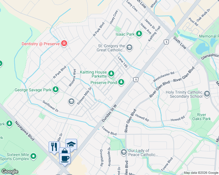 map of restaurants, bars, coffee shops, grocery stores, and more near 290 Ellen Davidson Drive in Oakville