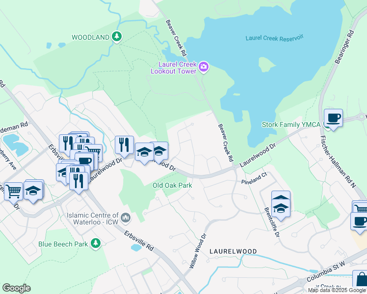 map of restaurants, bars, coffee shops, grocery stores, and more near 528 Beaverwood Street in Waterloo
