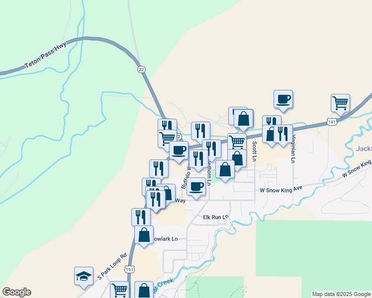 map of restaurants, bars, coffee shops, grocery stores, and more near U.S. 189 in Jackson