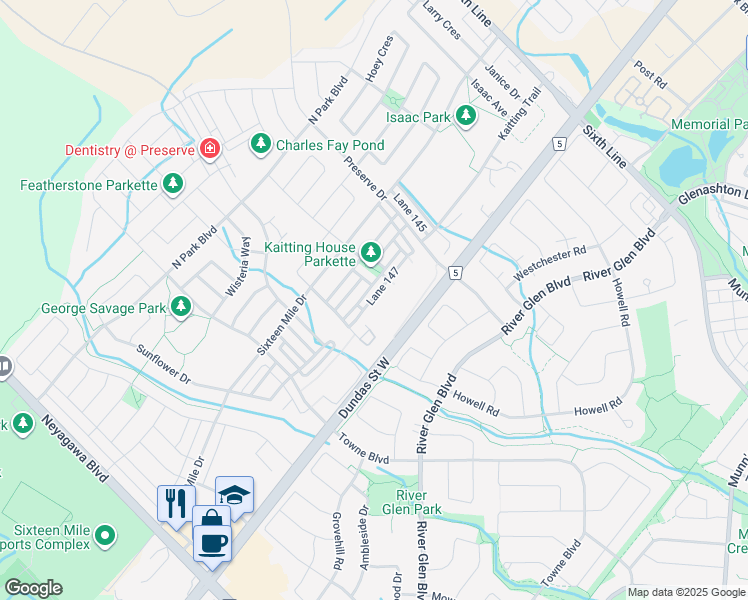 map of restaurants, bars, coffee shops, grocery stores, and more near 3002 Preserve Drive in Oakville