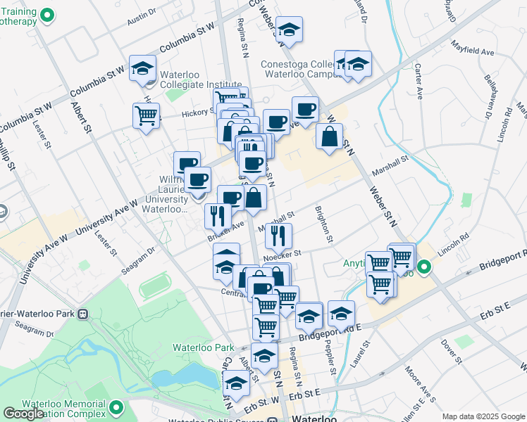 map of restaurants, bars, coffee shops, grocery stores, and more near 22 Marshall Street in Waterloo