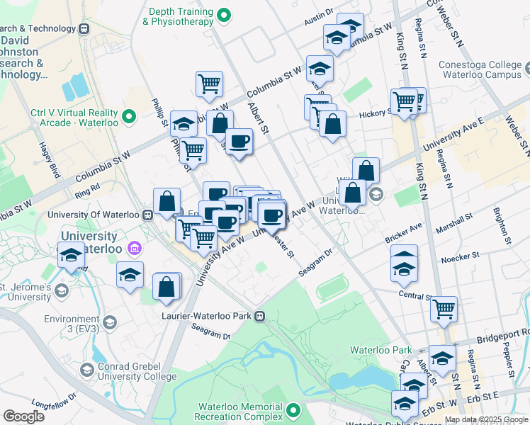 map of restaurants, bars, coffee shops, grocery stores, and more near 115 University Avenue West in Waterloo