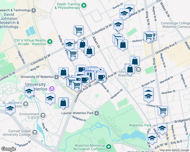 map of restaurants, bars, coffee shops, grocery stores, and more near in Waterloo