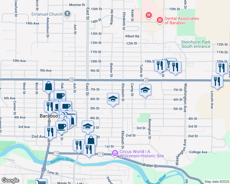 map of restaurants, bars, coffee shops, grocery stores, and more near 519 6th Street in Baraboo