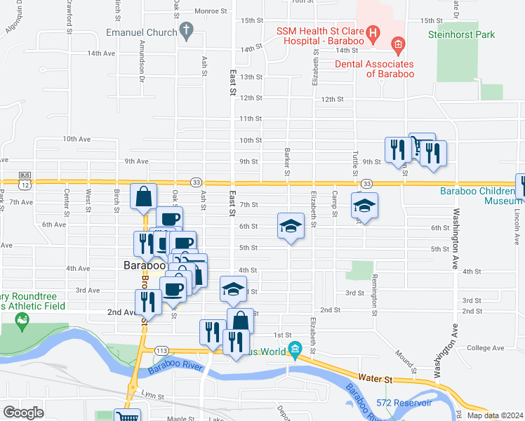 map of restaurants, bars, coffee shops, grocery stores, and more near 333 6th Street in Baraboo