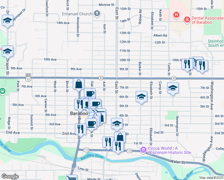 map of restaurants, bars, coffee shops, grocery stores, and more near 233 6th Street in Baraboo