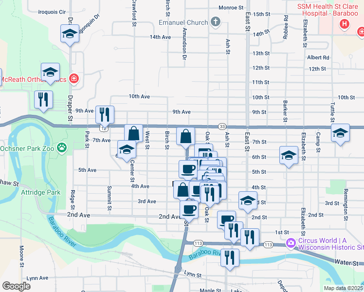 map of restaurants, bars, coffee shops, grocery stores, and more near 216 6th Avenue in Baraboo