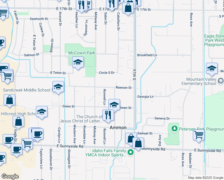 map of restaurants, bars, coffee shops, grocery stores, and more near 2630 Central Avenue in Idaho Falls