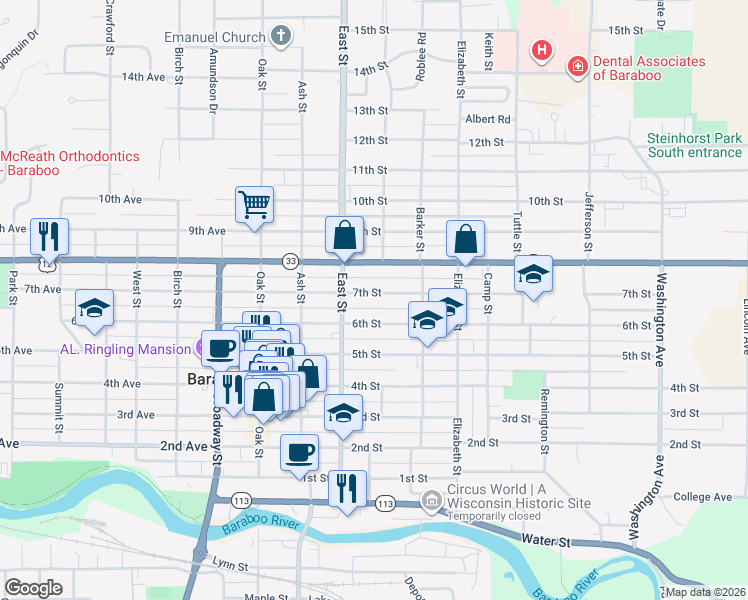 map of restaurants, bars, coffee shops, grocery stores, and more near 333 6th Street in Baraboo