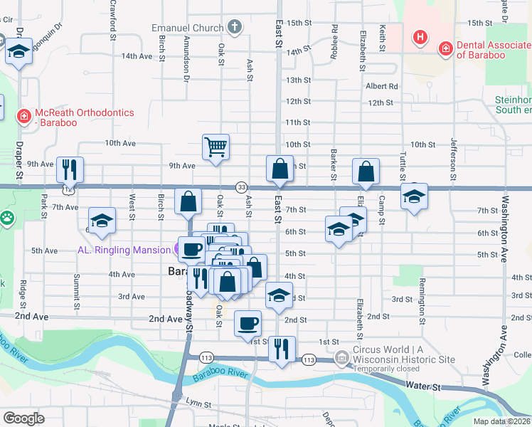 map of restaurants, bars, coffee shops, grocery stores, and more near 233 6th Street in Baraboo
