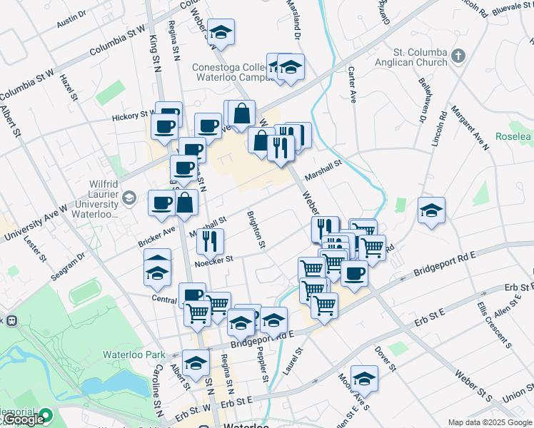 map of restaurants, bars, coffee shops, grocery stores, and more near 140 Elgin Crescent in Waterloo