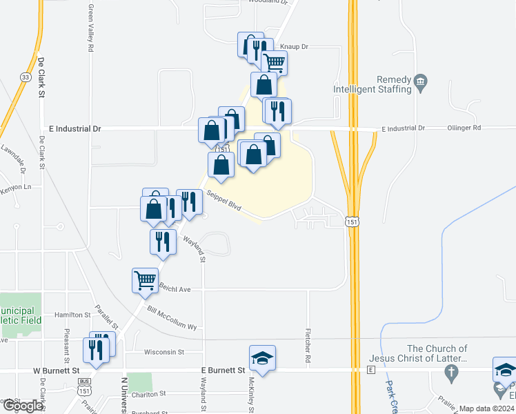 map of restaurants, bars, coffee shops, grocery stores, and more near 213 Seippel Boulevard in Beaver Dam