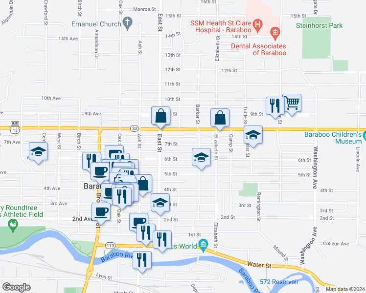 map of restaurants, bars, coffee shops, grocery stores, and more near 333 6th Street in Baraboo